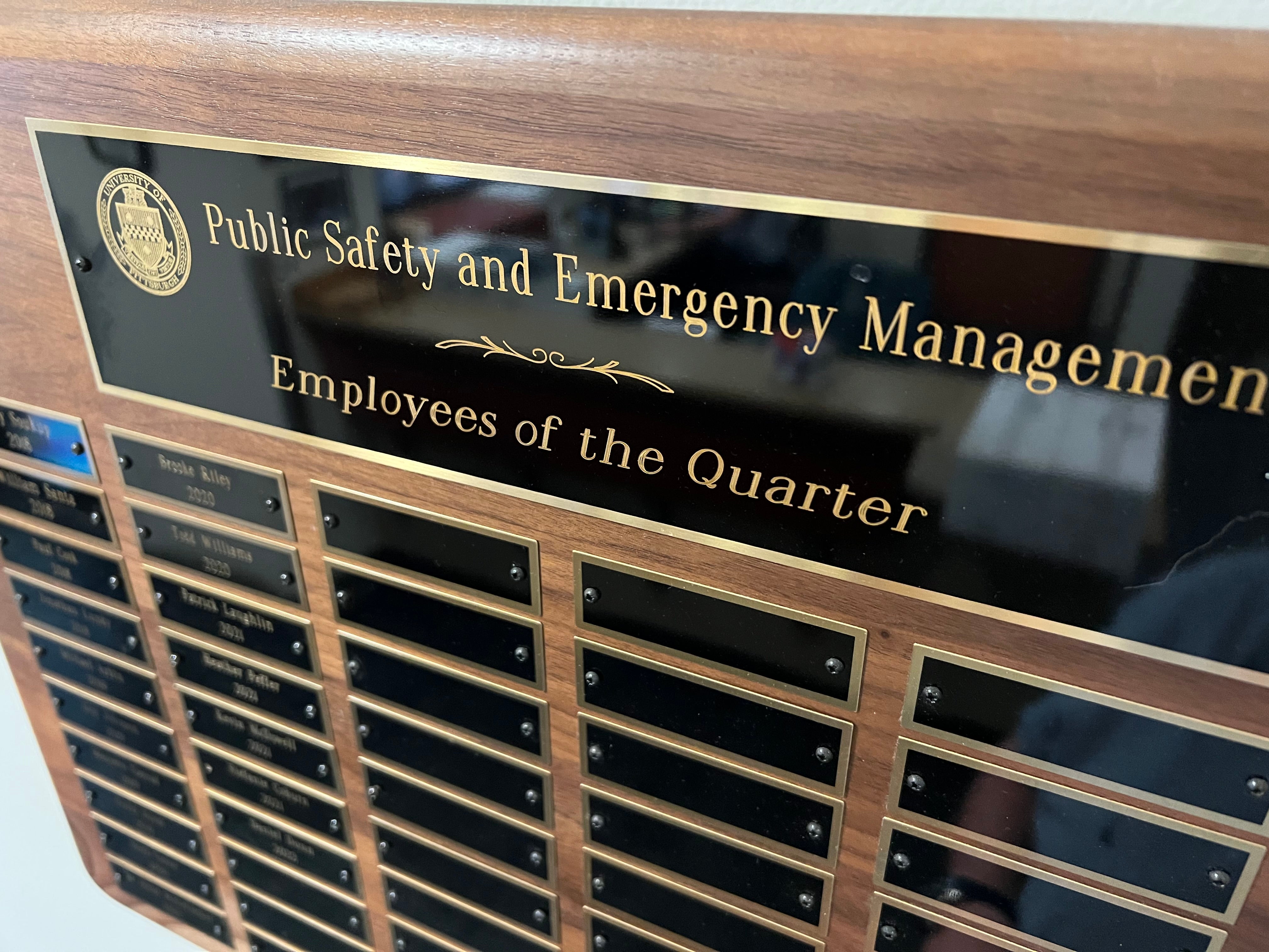 The Employees of the Quarter plaque hangs on the first floor of the Public Safety Building on Forbes Avenue.