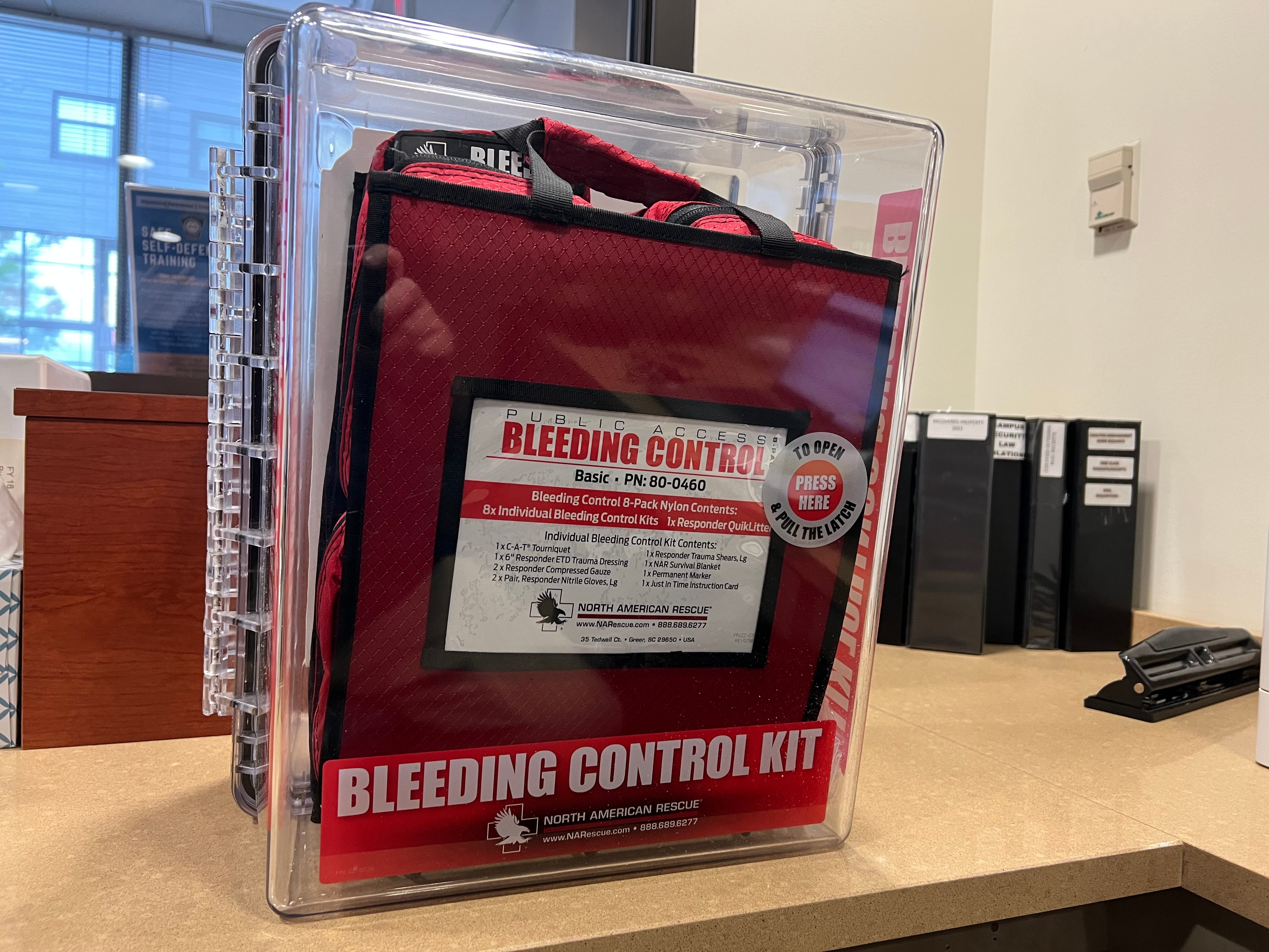 A Stop the Bleed kit located at the Public Safety Building in Oakland.