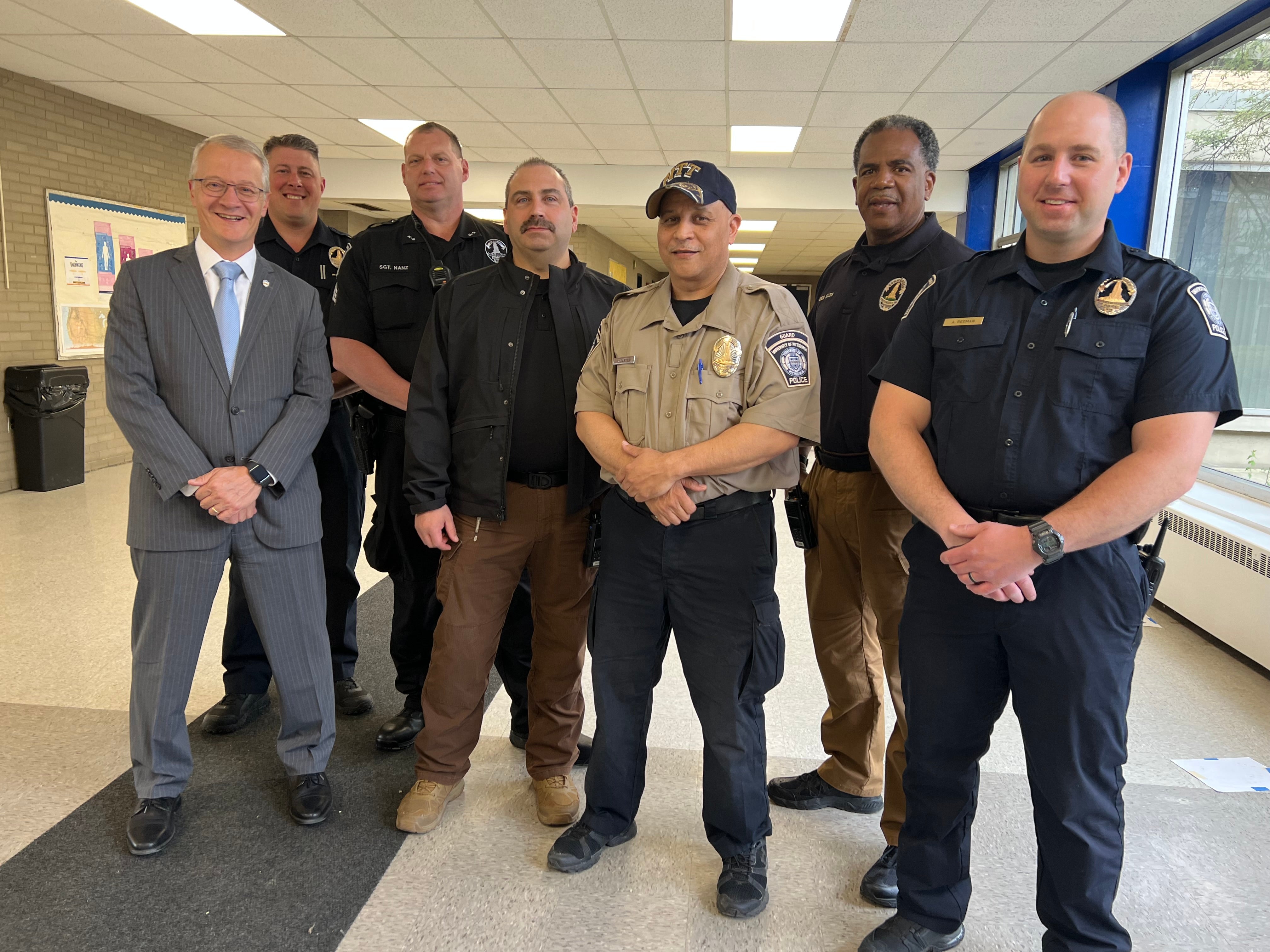 Fyi, the group photo includes, from left: David DeJong, the Senior Vice Chancellor of Business and Operations, Pitt Police Commander Robert Holler, Sgt. David Nanz, Commander David Basile, Ty Carter, Commander Shawn Ellies and Commander Andrew Redman.